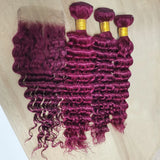 99J Deep Wave Human Hair Bundles With Closure HairUGo Burgundy 4x4 Lace Closure With Bundles Remy Hair Weaving Transparent Lace