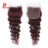 99J Deep Wave Human Hair Bundles With Closure HairUGo Burgundy 4x4 Lace Closure With Bundles Remy Hair Weaving Transparent Lace