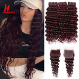 99J Deep Wave Human Hair Bundles With Closure HairUGo Burgundy 4x4 Lace Closure With Bundles Remy Hair Weaving Transparent Lace
